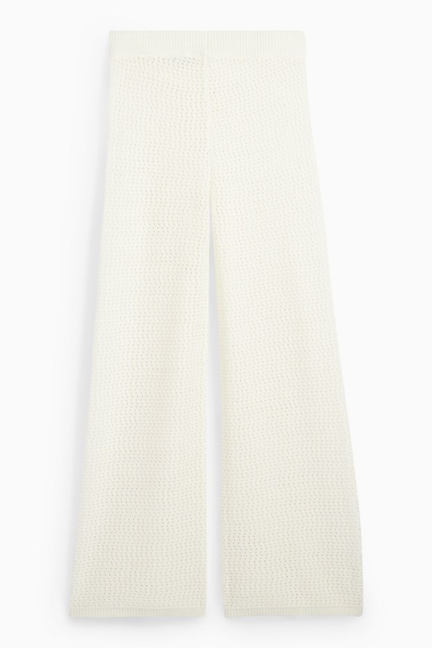 Femei - Pantaloni tricotați - talie medie - wide leg - alb-crem