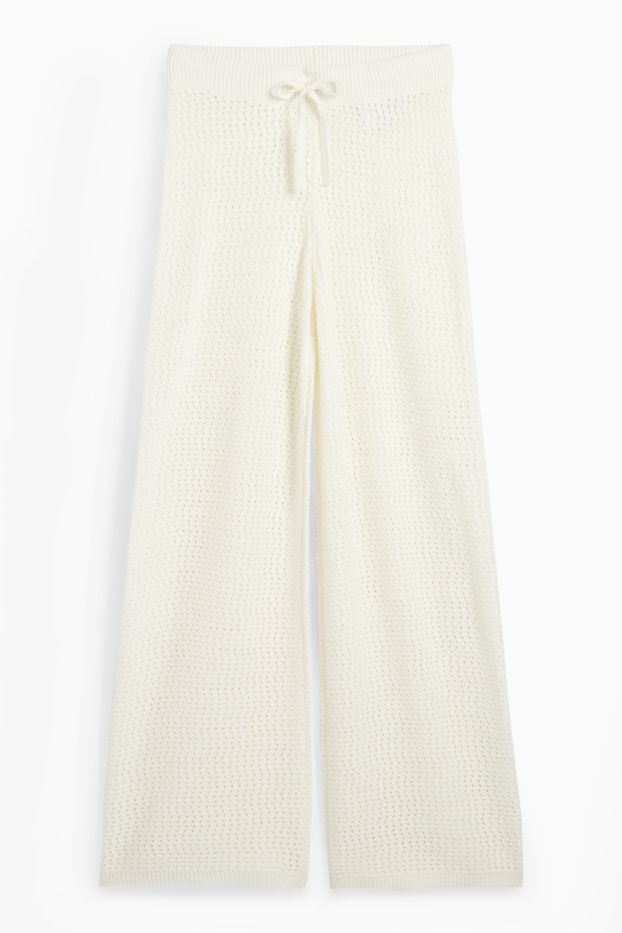 Femei - Pantaloni tricotați - talie medie - wide leg - alb-crem