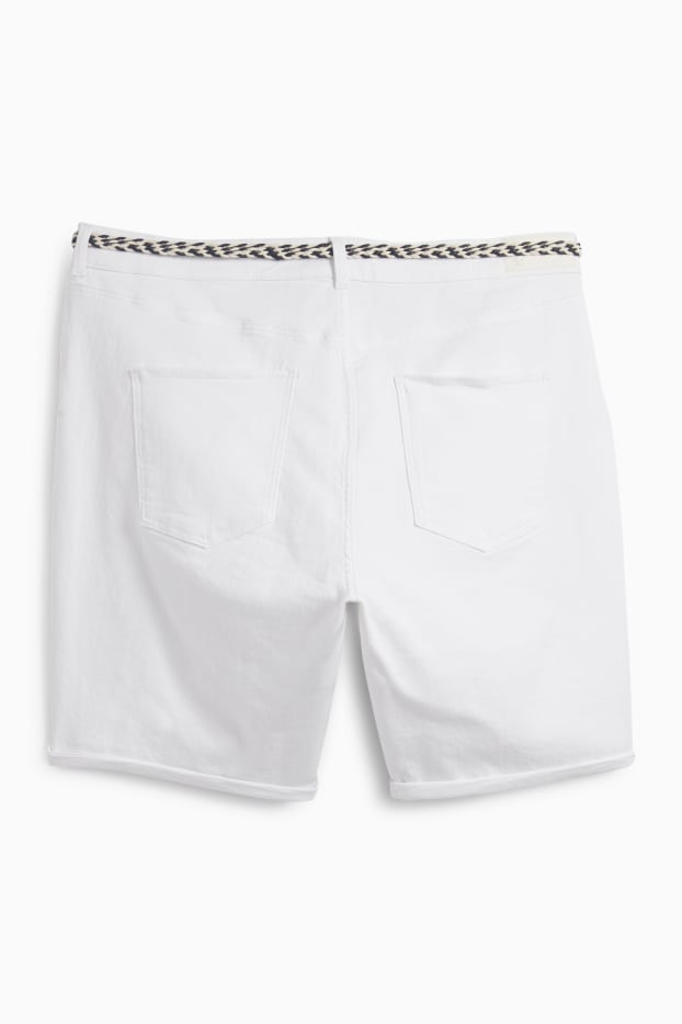 Dámské - Džínové šortky s páskem - mid waist - bílá