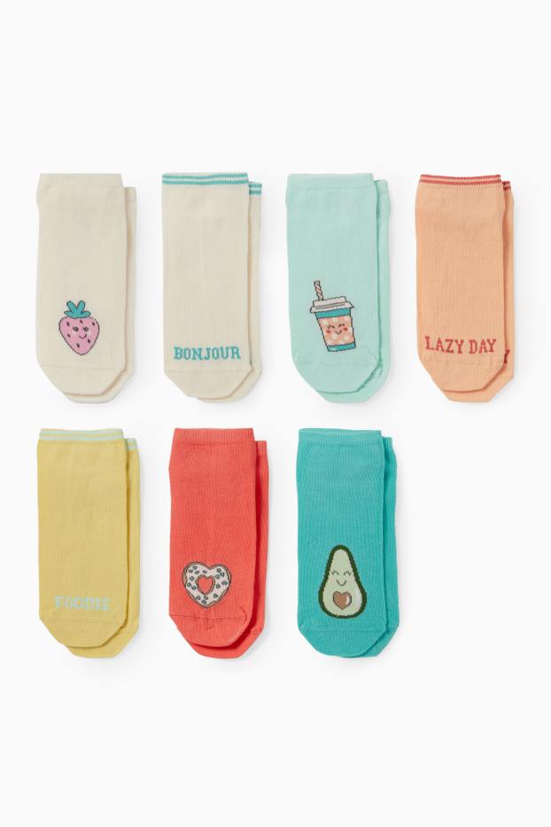 Enfants filles - Lot de 7 paires - donut et avocat - socquettes de sport avec motif - orange