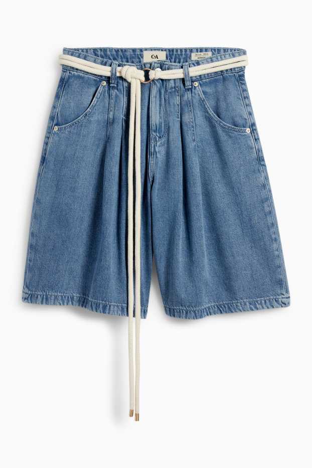 Femei - Bermude de blugi cu curea - talie medie - denim-albastru deschis