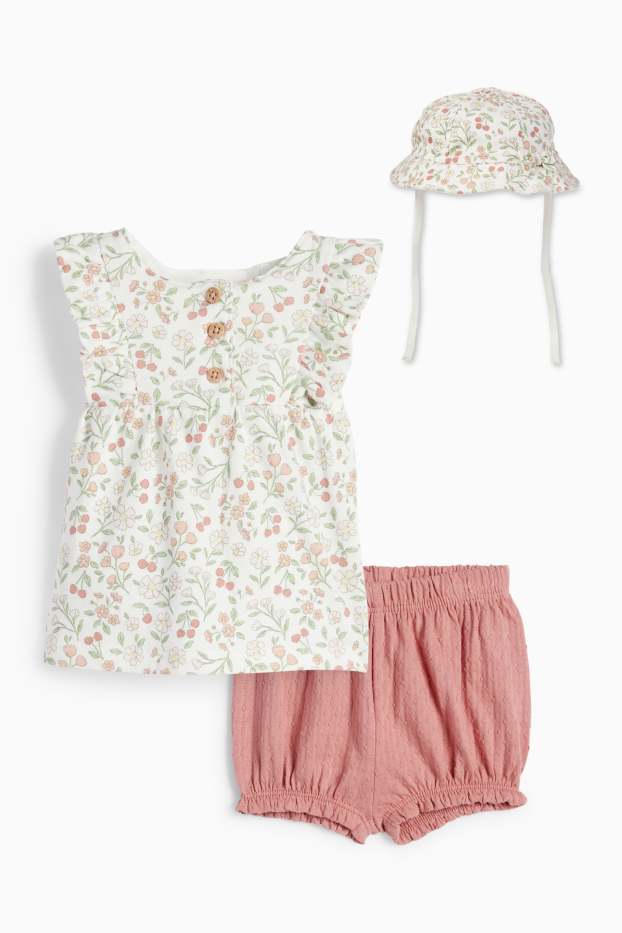 Miminka - dívky - Květinový motiv - outfit pro miminka - 3dílný - tmavě růžová