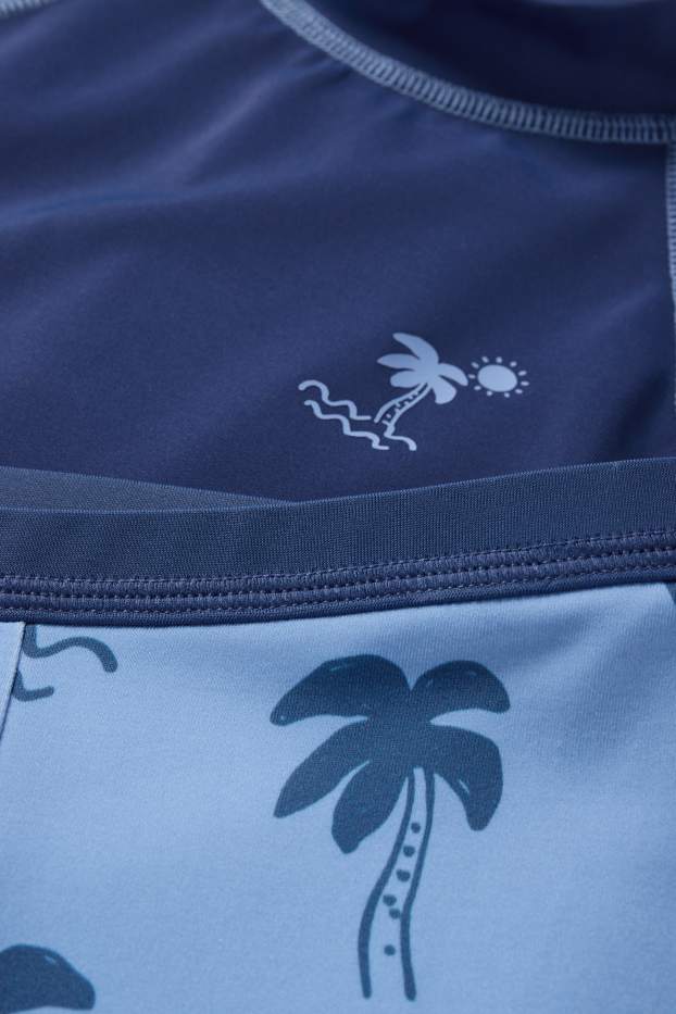 Miminka - chlapci - Motivy palem - plážový outfit pro miminka s UV ochranou - LYCRA® XTRA LIFE™ - 3dílný - tmavomodrá