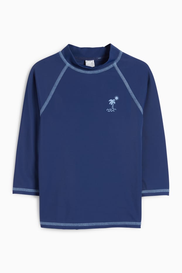 Miminka - chlapci - Motivy palem - plážový outfit pro miminka s UV ochranou - LYCRA® XTRA LIFE™ - 3dílný - tmavomodrá