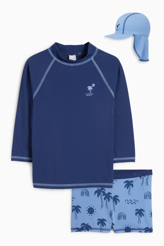 Miminka - chlapci - Motivy palem - plážový outfit pro miminka s UV ochranou - LYCRA® XTRA LIFE™ - 3dílný - tmavomodrá