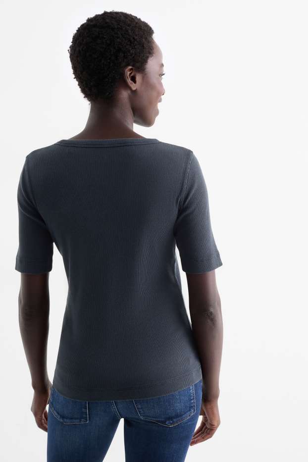 Women - Basic T-shirt - slim fit - ribbed - dark blue