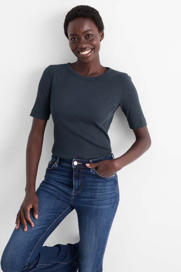 Women - Basic T-shirt - slim fit - ribbed - dark blue
