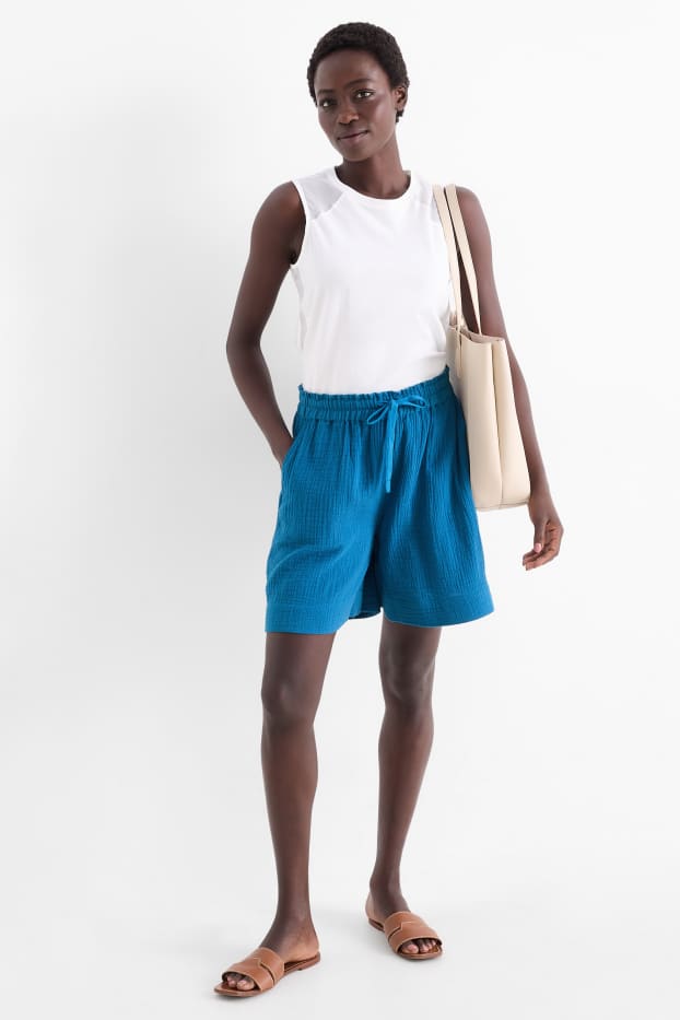 Damen - Musselin-Shorts - High Waist - dunkelblau