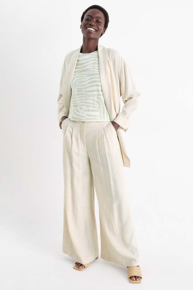 Damen - Business-Hose mit Leinen-Anteil - High Waist - Relaxed Fit - hellbeige