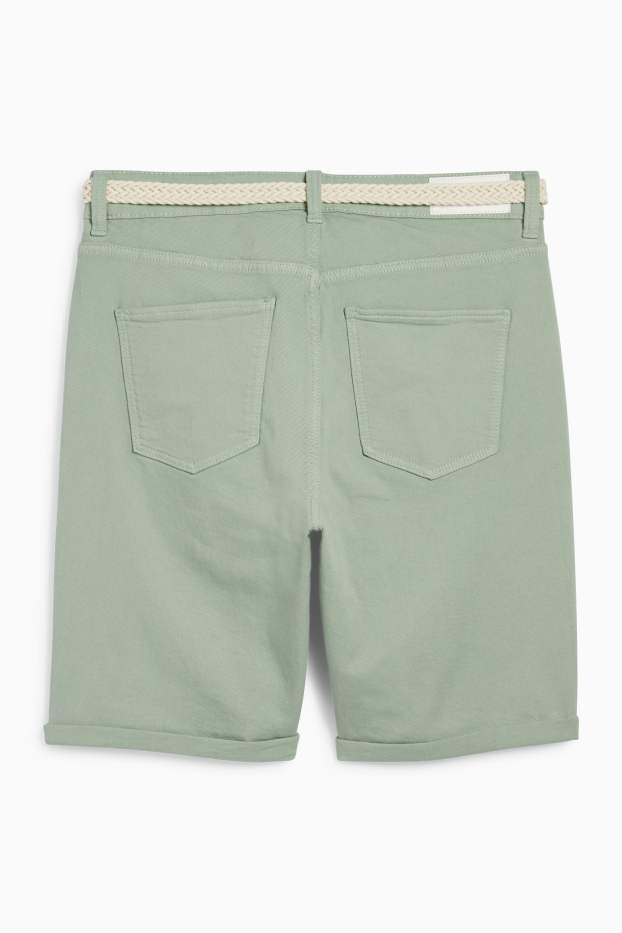 Women - Denim Bermuda shorts with belt - mid-rise waist - green