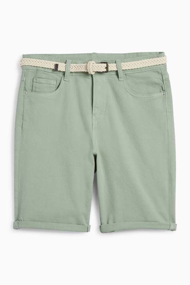 Women - Denim Bermuda shorts with belt - mid-rise waist - green