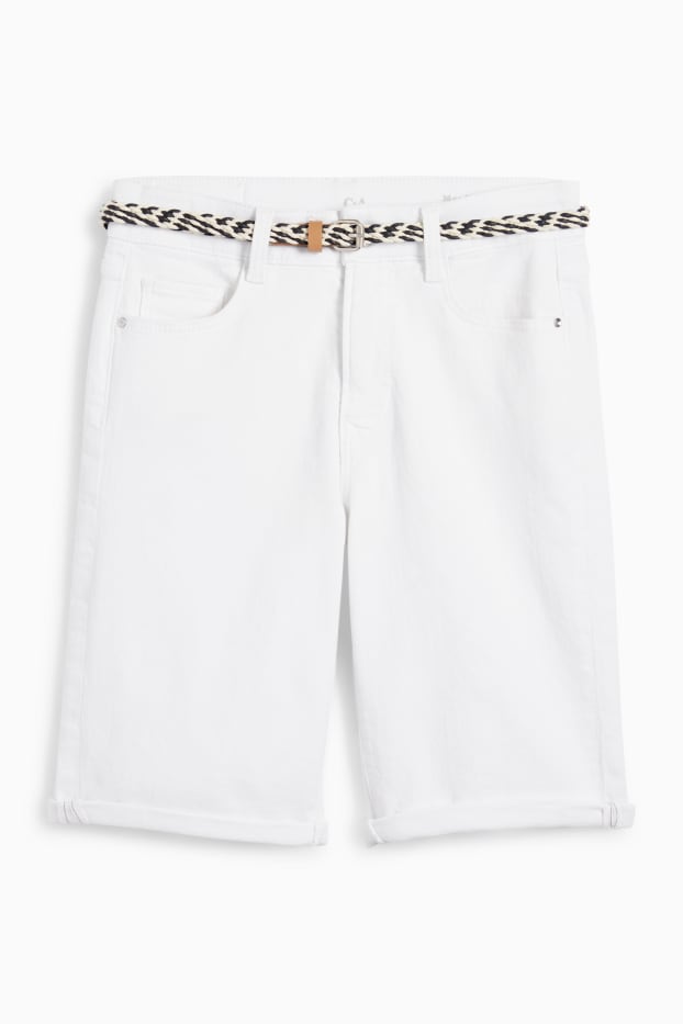 Damen - Jeans-Bermudas mit Gürtel - Mid Waist - weiß