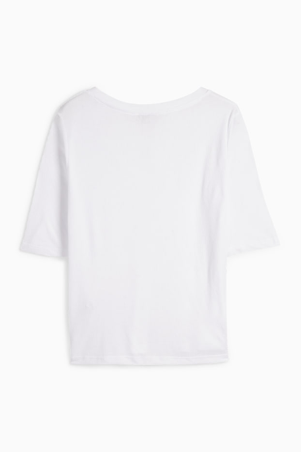Damen - Basic-T-Shirt mit V-Ausschnitt - Regular Fit - gerippt - weiß