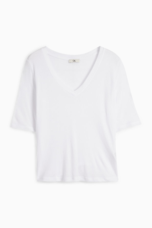 Damen - Basic-T-Shirt mit V-Ausschnitt - Regular Fit - gerippt - weiß