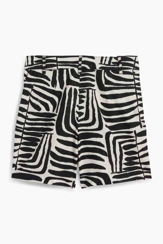 Dames - Short - mid waist - linnenmix - met patroon - zwart / beige