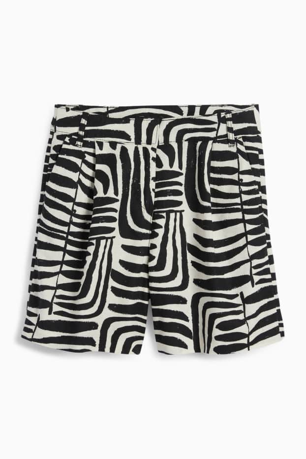 Dames - Short - mid waist - linnenmix - met patroon - zwart / beige