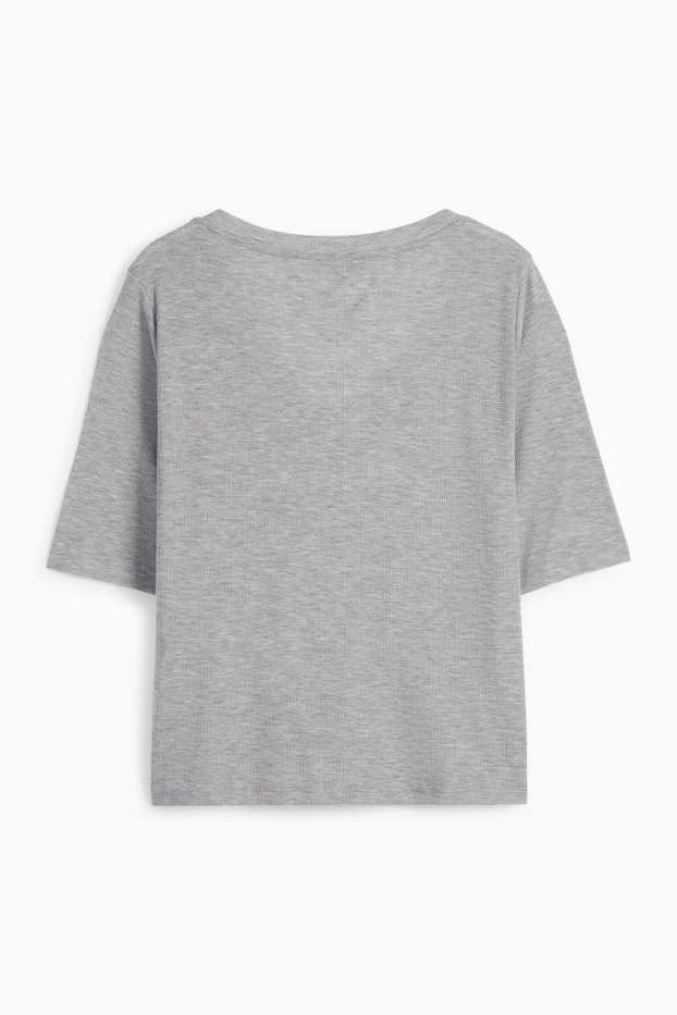 Femmes - T-shirt basique à col V - regular fit - côtelé - gris chiné