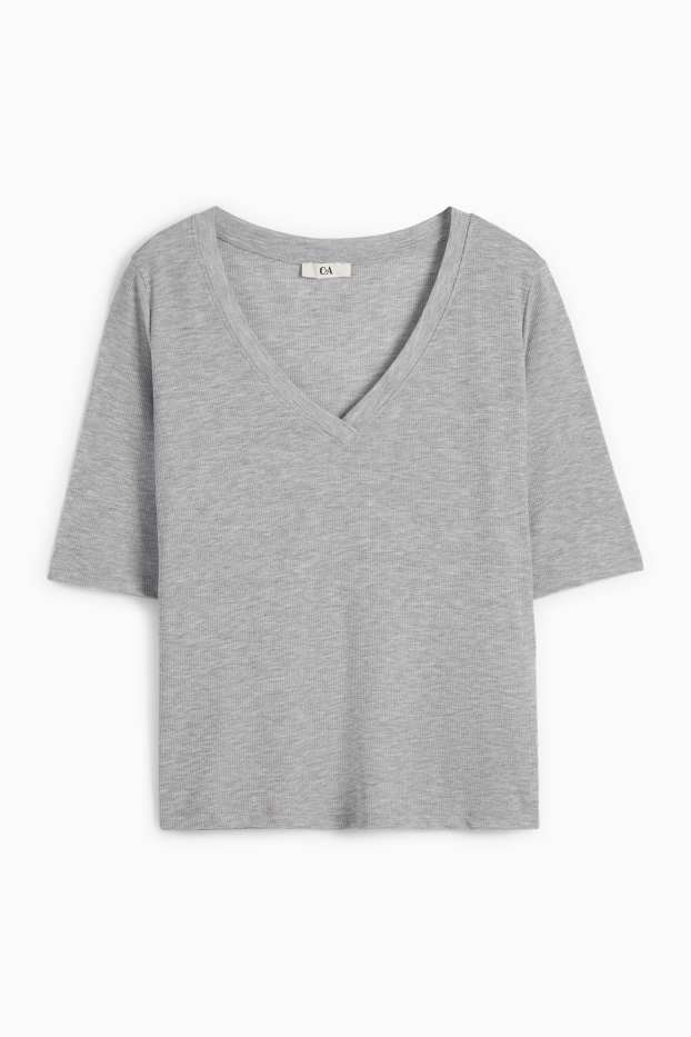 Femmes - T-shirt basique à col V - regular fit - côtelé - gris chiné
