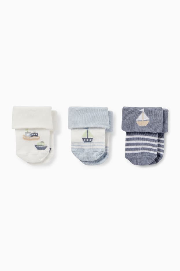 Baby: jongens - Set van 3 paar - boot - newbornsokken met motief - blauw