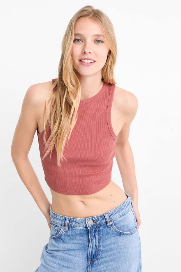 Dámské - Krátký top - žebrovaný - tmavě růžová
