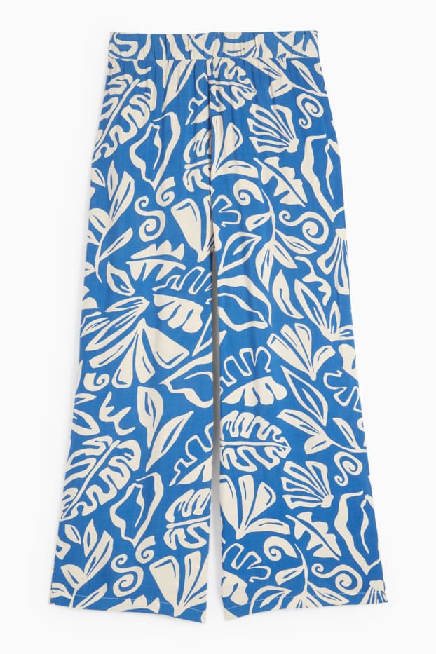 Femmes - Pantalon en toile - high waist - wide leg - à motif - bleu / beige