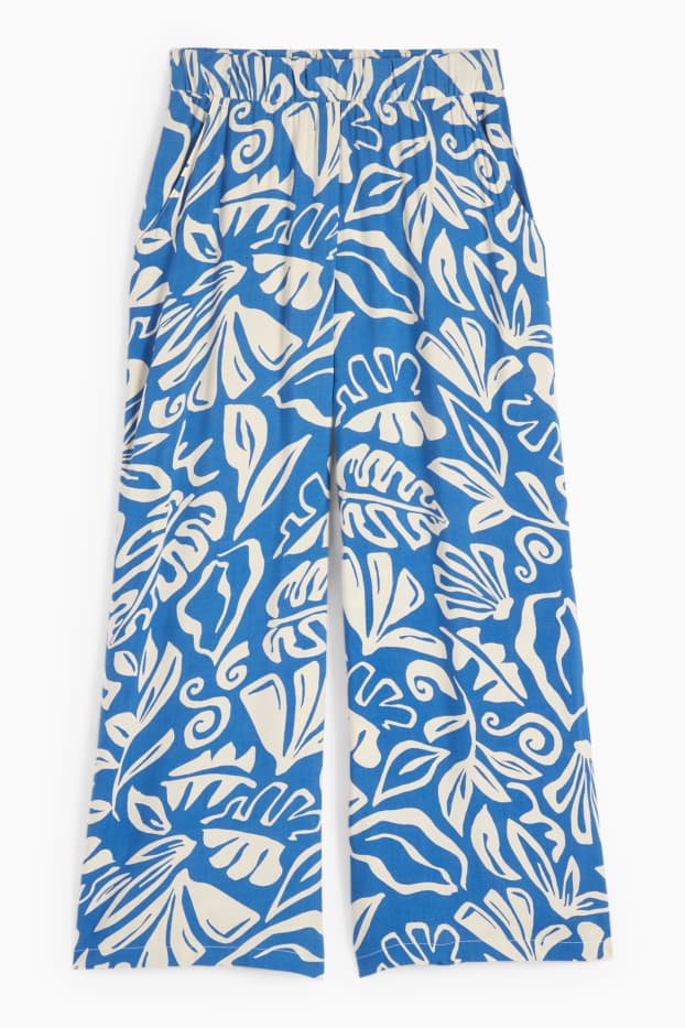 Femmes - Pantalon en toile - high waist - wide leg - à motif - bleu / beige