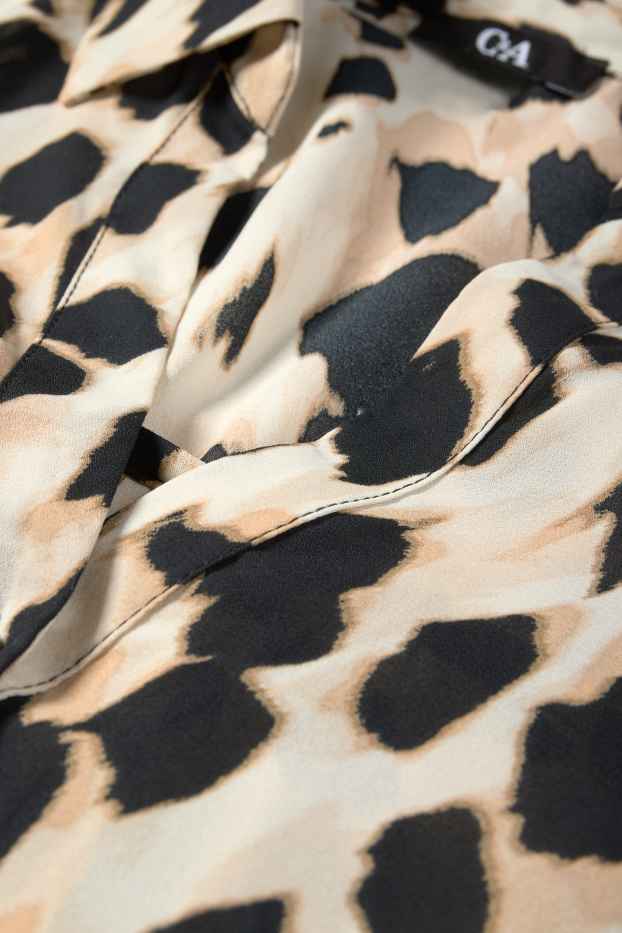 Dames - Blouse met V-hals - luipaardprint - zwart / beige