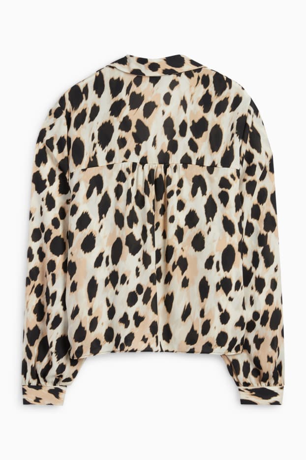 Dames - Blouse met V-hals - luipaardprint - zwart / beige