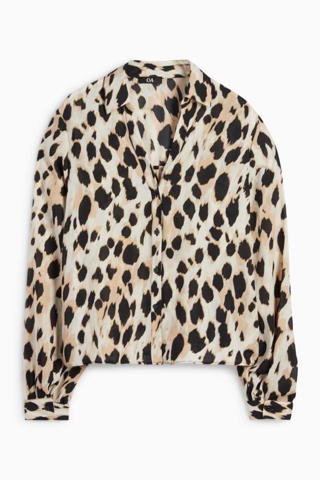 Dames - Blouse met V-hals - luipaardprint - zwart / beige