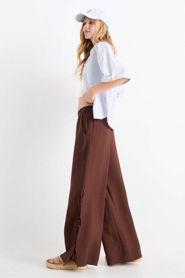 Dámské - Plátěné kalhoty - mid waist - wide leg - tmavohnědá