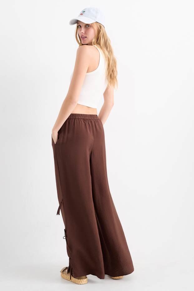 Dámské - Plátěné kalhoty - mid waist - wide leg - tmavohnědá