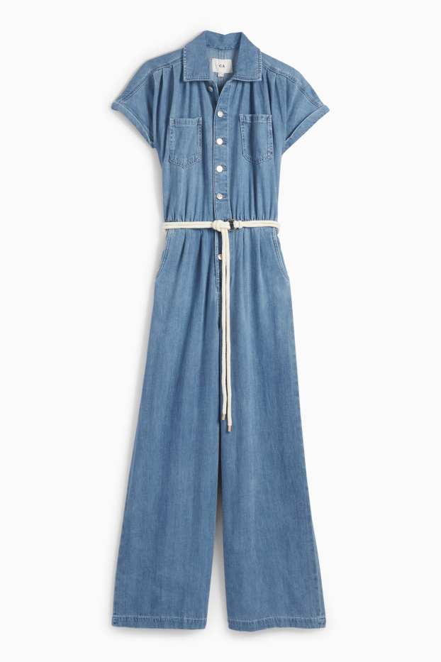 Damen - Jeans-Jumpsuit mit Gürtel - helljeansblau