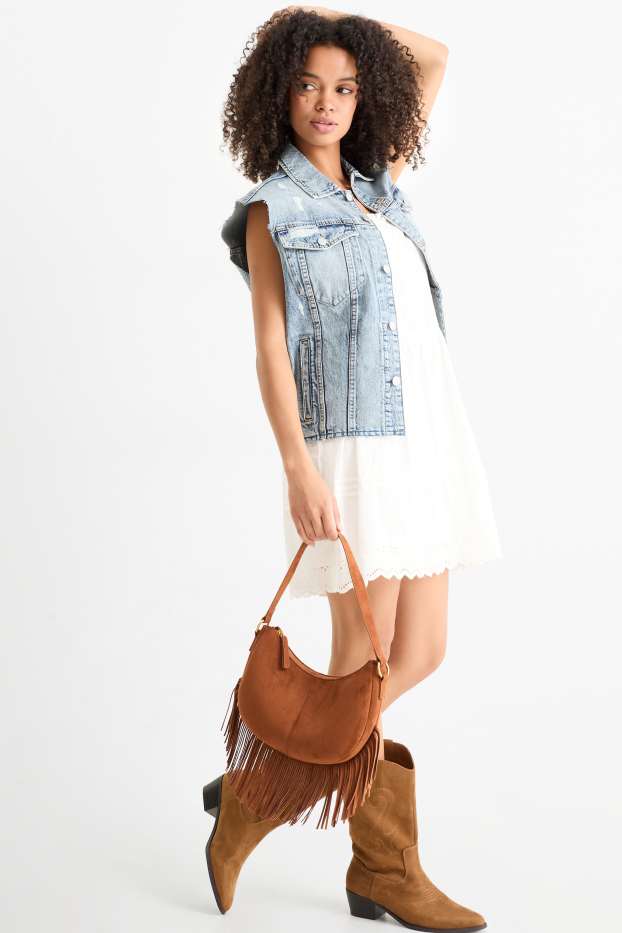 Damen - Fransen-Schultertasche - Velourslederimitat - hellbraun