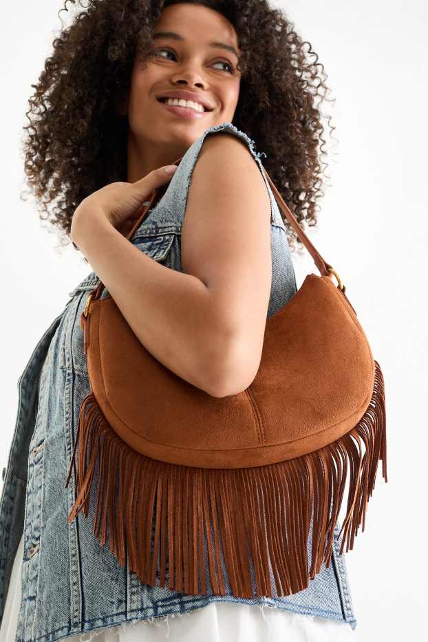 Damen - Fransen-Schultertasche - Velourslederimitat - hellbraun
