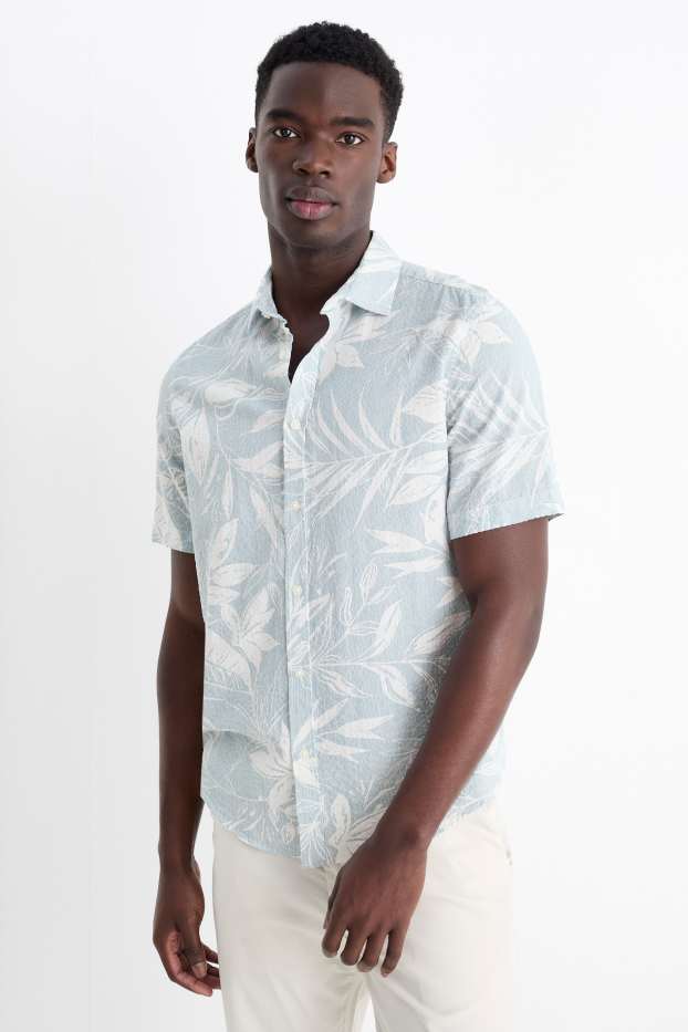 Men - Shirt - regular fit - kent collar - patterned - textured - light turquoise