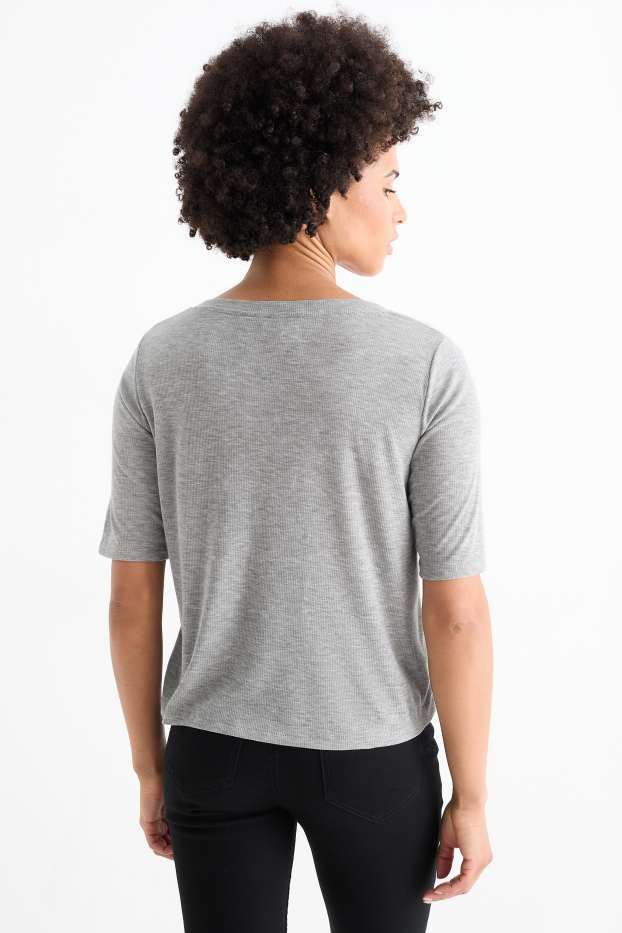 Femmes - T-shirt basique à col V - regular fit - côtelé - gris chiné