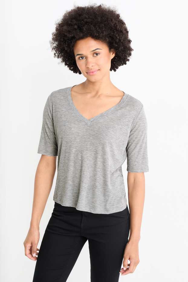 Femmes - T-shirt basique à col V - regular fit - côtelé - gris chiné
