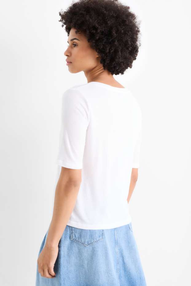 Damen - Basic-T-Shirt mit V-Ausschnitt - Regular Fit - gerippt - weiß