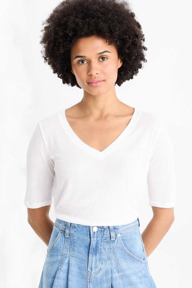 Damen - Basic-T-Shirt mit V-Ausschnitt - Regular Fit - gerippt - weiß