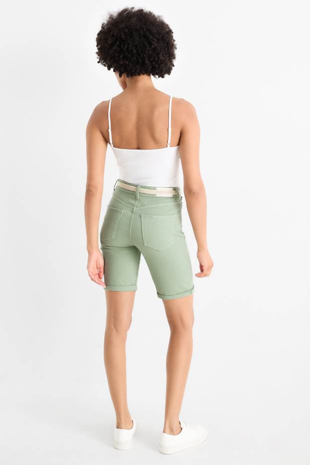 Women - Denim Bermuda shorts with belt - mid-rise waist - green
