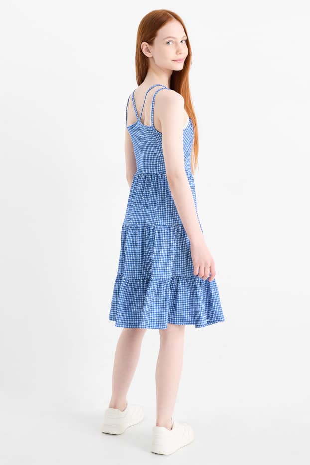 Children Girls - Dress - check - textured - blue