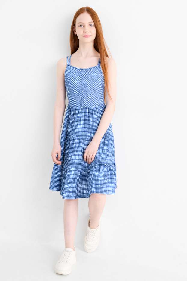 Children Girls - Dress - check - textured - blue