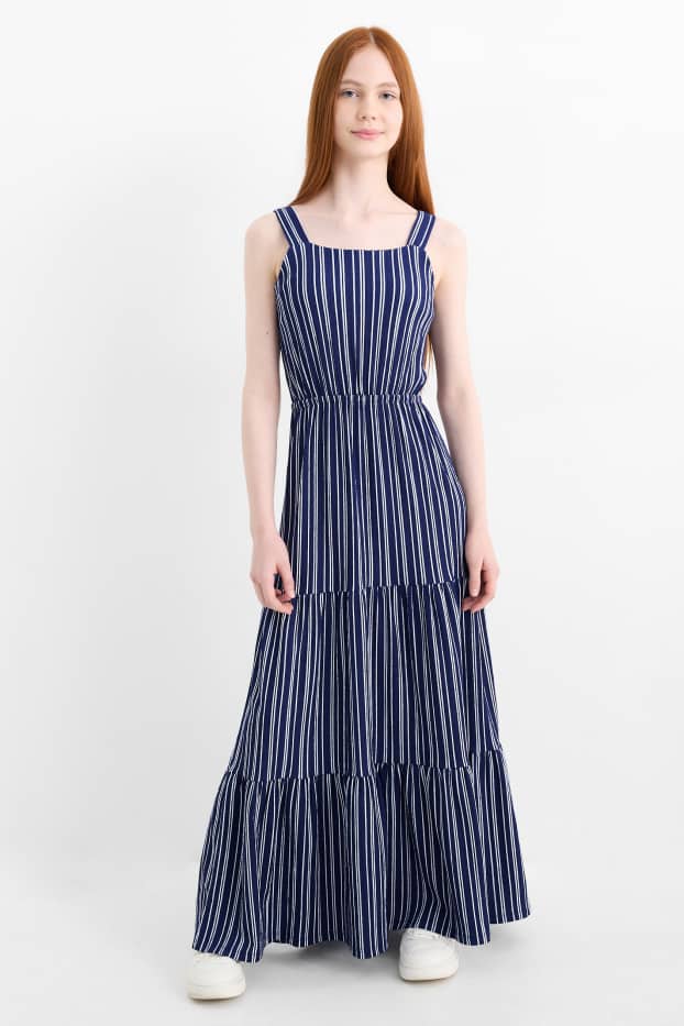 Kinderen: meisjes - Jurk - gestreept - met structuur - donkerblauw / wit