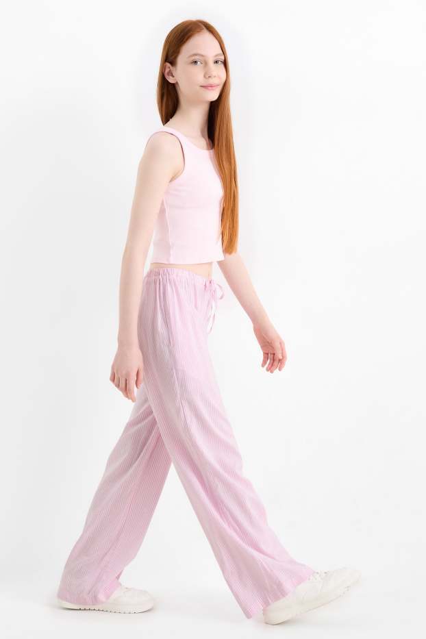 Enfants filles - Pantalon en tissu - palazzo - à rayures - blanc / rose