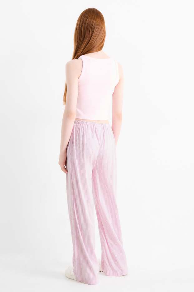 Enfants filles - Pantalon en tissu - palazzo - à rayures - blanc / rose