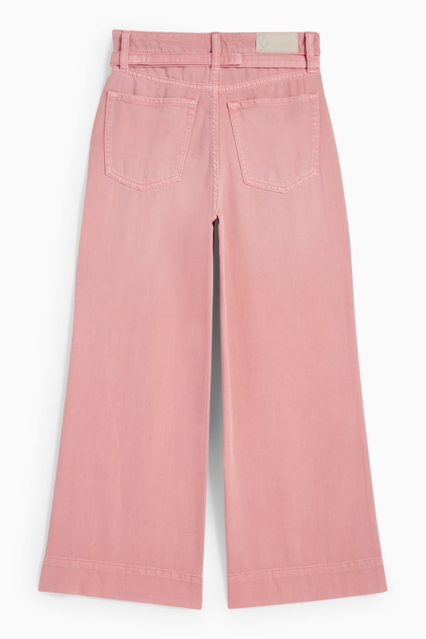 Dámské - Krátké wide leg jeans s páskem - mid waist - růžová