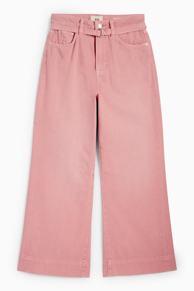 Dámské - Krátké wide leg jeans s páskem - mid waist - růžová