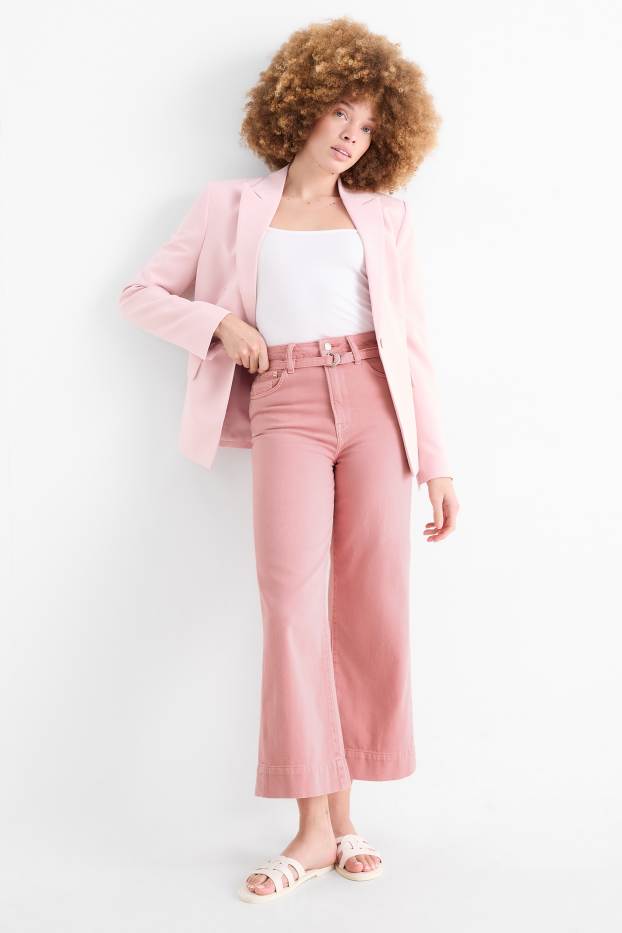Dámské - Krátké wide leg jeans s páskem - mid waist - růžová