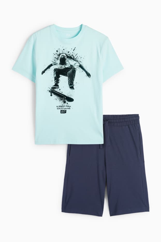 Children Boys - Skateboarder - set - short sleeve T-shirt and shorts - 2 piece - blue / turquoise