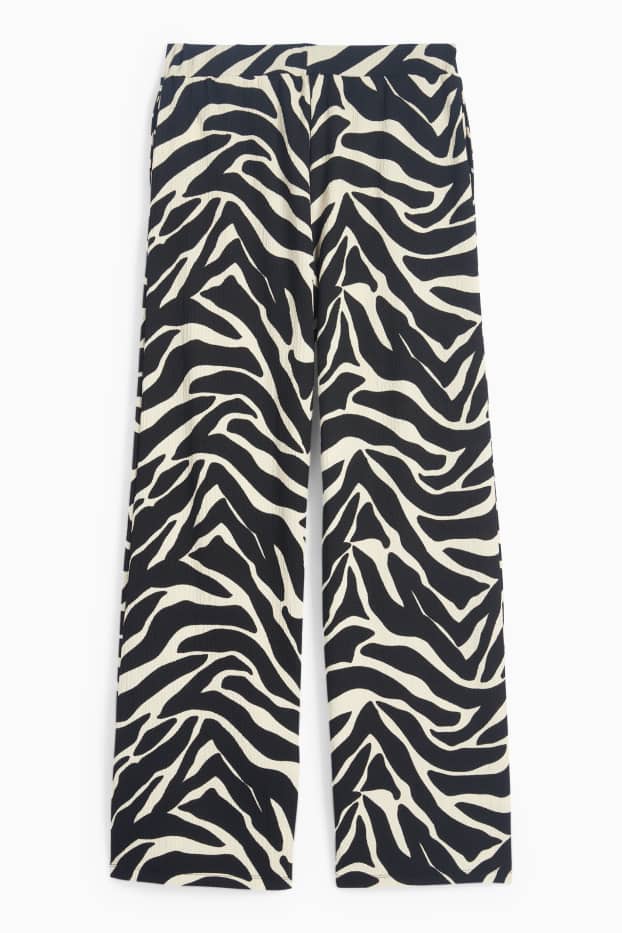 Damen - Jersey-Hose - Mid Waist - Wide Leg - gemustert - schwarz / beige